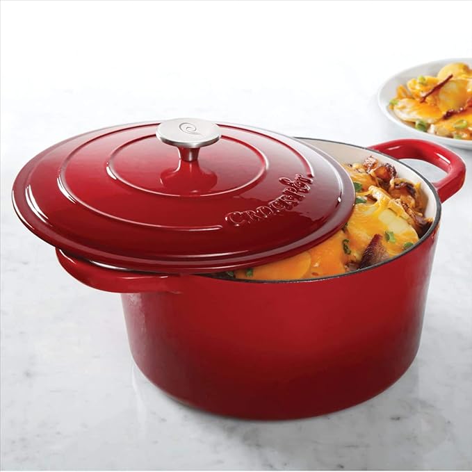 Crock-Pot Artisan 7-Quart Round Enameled Cast Iron Dutch Oven – Scarlet Red, Heavy-Duty Cookware for Slow Cooking, Baking, Roasting with Lid