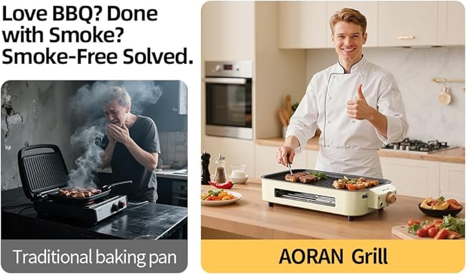AORAN Indoor Grills Electric Smokeless – Versatile Smokeless Indoor Grill for Home Cooking, Featuring Indoor Grills Electric Smokeless, Skillet Griddle, and Kitchen Griddle Beige
