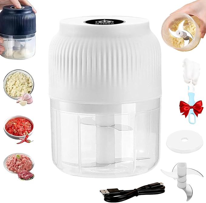 Household Electric Garlic Crusher, Rechargeable Mini Food Chopper with Stainless Steel Blades,One-Touch Portable Electric Garlic Mincer for Onion Ginger Chili,Small Food Processor for Kitchen (White)