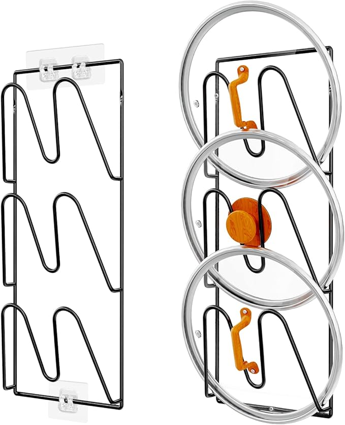 Durmmur 2 Pack Pot Lid Organizer Rack, 6-Tier Pot Lids Holder for Cabinet Door/Wall, No Drilling Adhesive Wall/Door Mounted Rustproof Pot and Pan Cover for Kitchen Storage, Classic Black