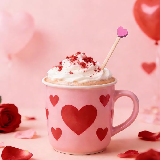 100 Pcs 6 Inch Pink Heart Shaped Valentine's Day Wooden Swizzle Sticks, Cocktail & Coffee Drink Stirrers, Rock Candy Sticks, Cake Pop Sticks, Lollipop Sticks for Anniversary, Wedding Party