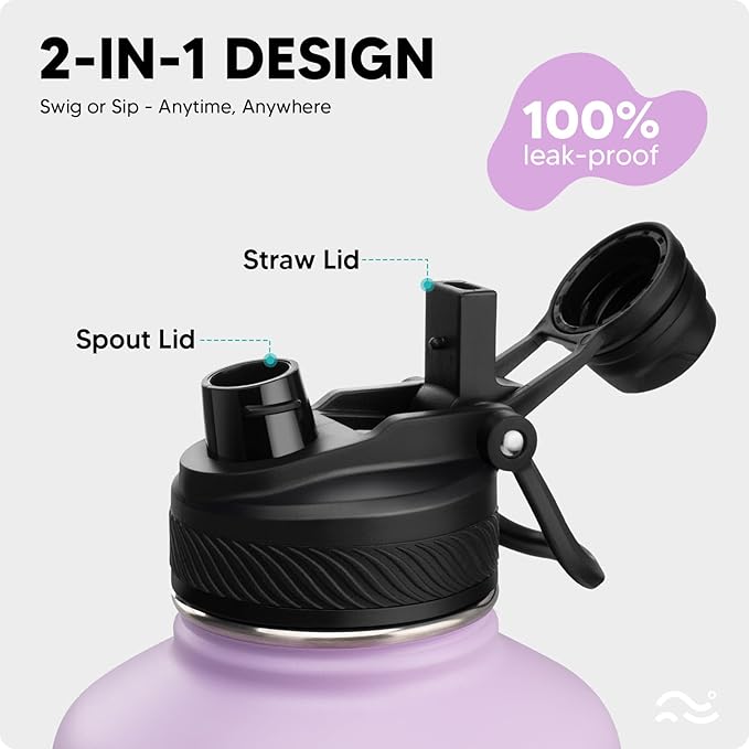 Swigina [2-IN-1 LID] 64 oz Insulated Water Bottle with Silicone Boot (48hrs Cold/24hrs Hot) - DIY Stickers, Leakproof, BPA Free, Half Gallon