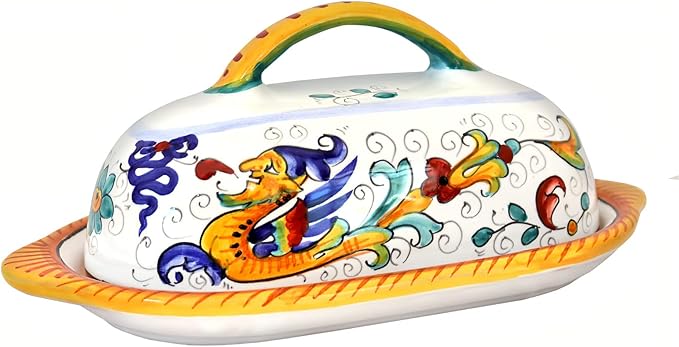 Deruta Italy Raffaellesco Butter Dish | 1 Piece 8.5 x 4 x 4.5 Inch| Handcrafted & Handpainted Italian Ceramics | Authentic Pottery Handmade Kitchen Container Display Renaissance Art Home Decor Gift