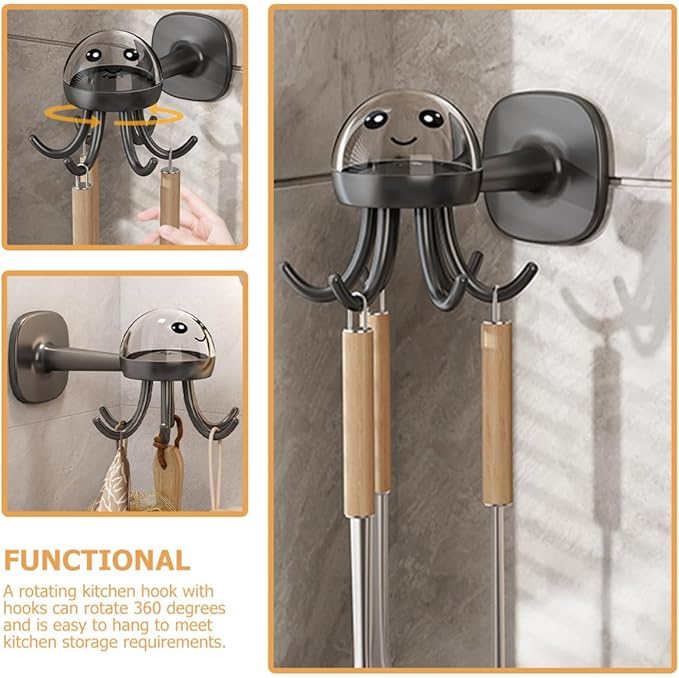 Cabilock Rotating Kitchen Utensil Holder with 6 Hooks Wall-Mounted Storage Rack, No-Drill Multi-Functional Utility Hook for Hanging Spoons, Spatulas, and Ladles, Matte Black Organizer