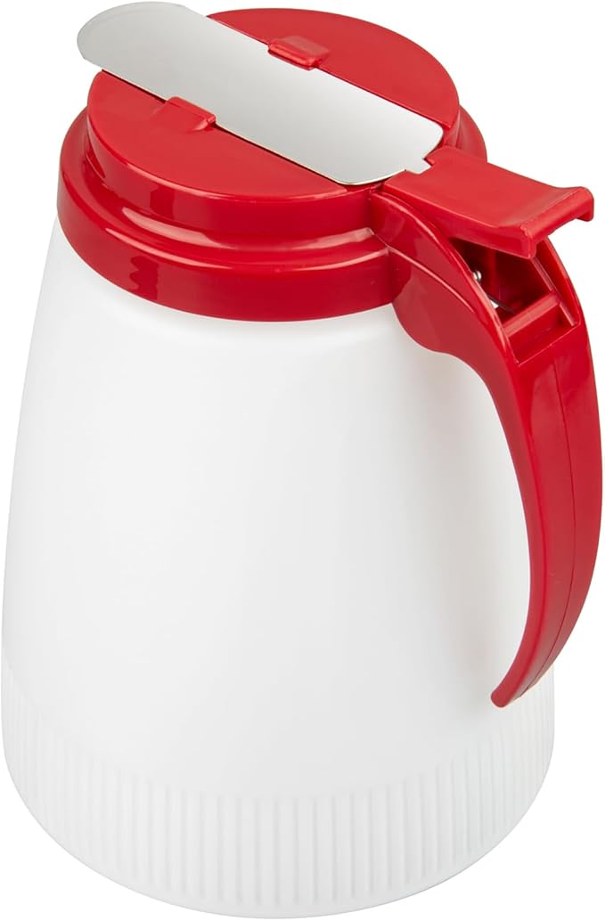 Restaurantware-Chef 101 48 Ounce All Purpose Syrup Dispenser, 1 Honey Dispenser - Red Top, Stainless Steel Slide Cover, Plastic Pancake Syrup Bottle, Perfect For Diners, Restaurants, Home