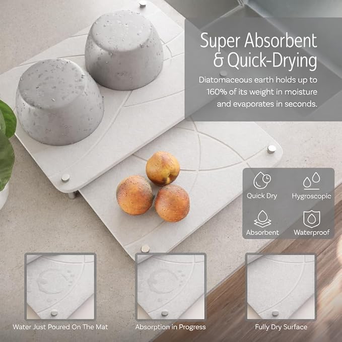 Large Stone Drying Mat for Kitchen Counter | 15.8” x 11.8” Dish Drying Mat Large | Diatomaceous Earth Collapsible Stone Dish Drying Mat | Collapsible Stone Mat for Kitchen Counter (White)