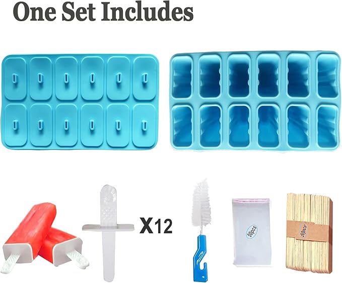 2 Sets of 12 Cavity Silicone Popsicles Molds with Brush 100 pcs Sticks Blue Green