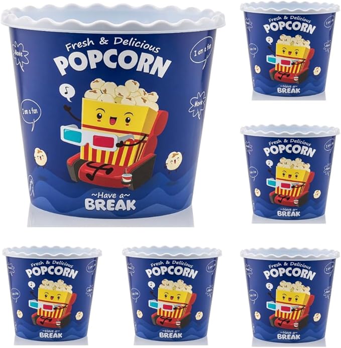 ONONEXPRESS Modern Style Reusable Plastic Popcorn Box/Popcorn Containers/Popcorn Bowls Set for Movie Theater Night - (BPA Free - 6 Pack-75 oz) (6, BLUE)