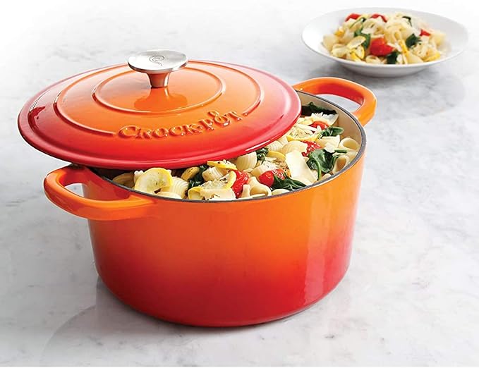 Crock-Pot Artisan 5-Quart Round Enameled Cast Iron Dutch Oven – Sunset Orange, Durable Heavy-Duty Cookware for Slow Cooking, Roasting, Baking with Lid