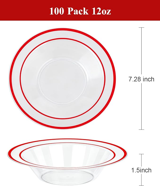 100 Pack clear Plastic Bowls with Red Rim, 12oz Disposable Soup Bowls, Heavy Duty Dessert Bowls for Christmas, Parties, Dinners, Catering, Thanksgiving