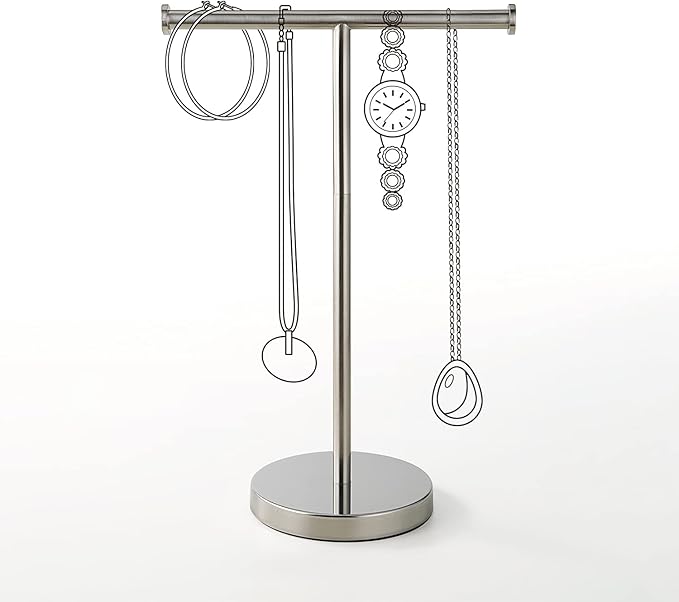 SunnyPoint Countertop Hand Towel Holder Stand – 16.5" Tall Stainless Steel T-Bar Rack with Weighted Base, Brushed Satin Nickel Finish – Jewelry Holder for Bathroom, Vanity, or Kitchen