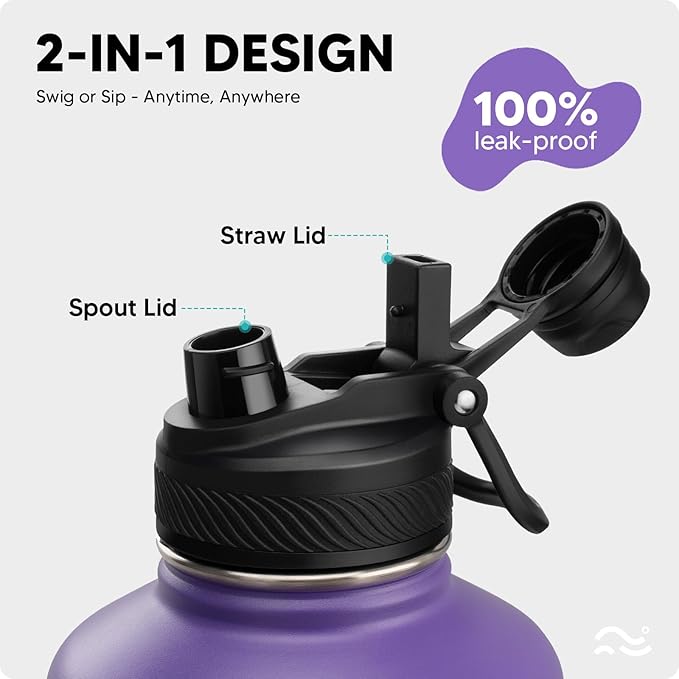 Swigina [2-IN-1 LID] 64 oz Insulated Water Bottle with Silicone Boot (48hrs Cold/24hrs Hot) - DIY Stickers, Leakproof, BPA Free, Half Gallon