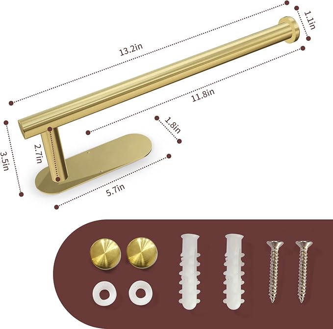 DEKAVA Paper Towel Holder Under Cabinet for Kitchen, Adhesive Paper Towel Holder Wall Mount, SUS304 Stainless Steel 13 inch(1,Gold)