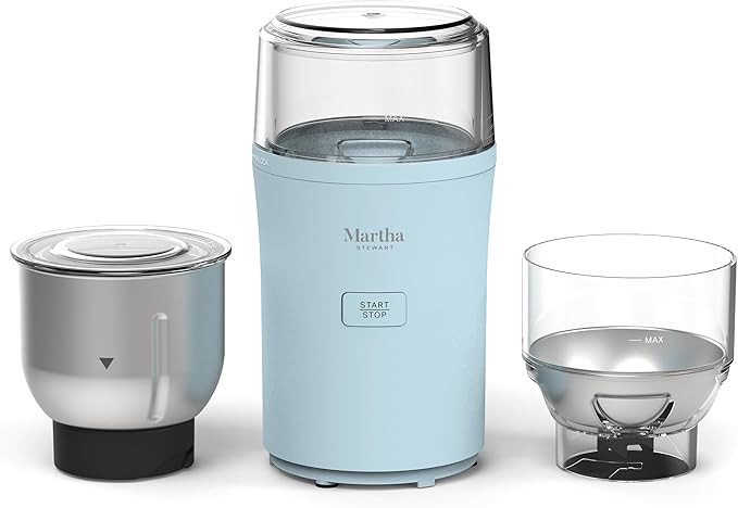 Martha Stewart Electric Coffee & Spice Grinder, Dual 2.5oz Removable Bowls, Storage Lids, Stainless Steel Blades, One Touch Pulse Control, 2-in-1 Compact, Beans & Spices, Herbs & Nuts, Sky Blue