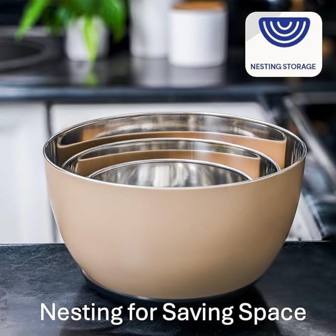 WHYSKO Stainless Steel Mixing Bowls Set of 3 with Non-Slip Silicone Base, Nesting Metal Bowls for Meal Prep, Baking, Cooking & Food Storage, Dishwasher Safe Kitchen Mixing Bowls, Tan