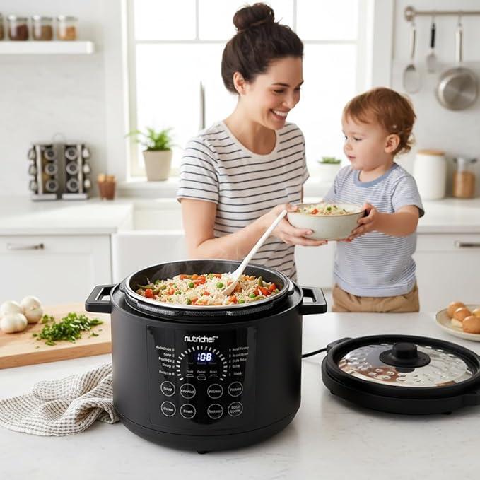 NutriChef Electric Pressure Cooker 6 Quart Capacity | 9 Function Digital Countertop Pressure Cooker | Adjustable Time & Temperature | Cook, Bake, Steam, Broil, & Braise | 13.1 x 11.4 IN | Black