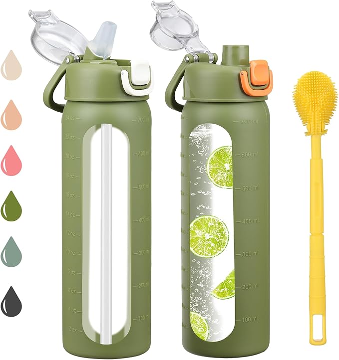 chunmo 24 oz Glass Water Bottles with 2 Lids-Handle Spout Lid & Straw Lid, Motivational Water Bottle with Time Marker and Silicone Sleeve,Leakproof-Army Green-1 Pack