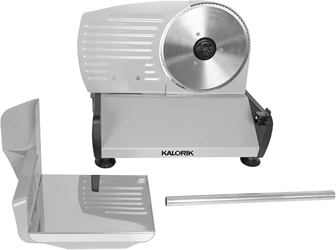 Kalorik Professional Electric Food and Meat Slicer Features Adjustable Thickness Control & Safety Pusher with Thumb Guard, Easy Clean Removable 7.5-Inch Blade, 200-Watts, Silver