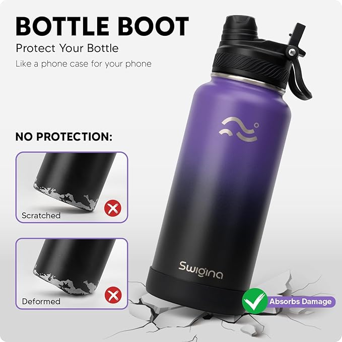 Swigina [2-IN-1 LID] Insulated Water Bottle with Silicone Boot (36hrs Cold/18hrs Hot) - DIY Stickers, Leakproof, BPA Free, 32 oz