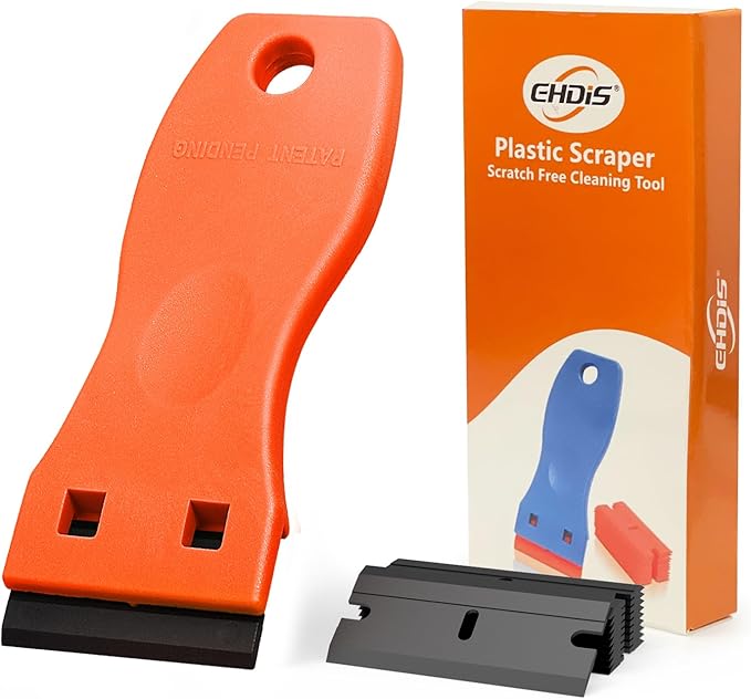 EHDIS 1.5" Plastic Razor Scraper Tool with 10pcs Double Edged Blades for Adhesive Remover,Removing Labels Stickers Decals Taping on Glass Windows(Orange)