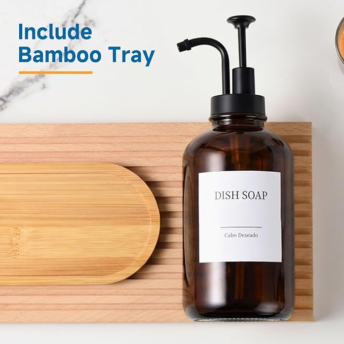 Glass Soap Dispenser with Pump, Dish and Hand Soap Dispenser for Kitchen Bathroom Set, Clear Glass Dispenser Set of 2 Pack with 18 Stickers Funnel Bamboo Tray 500ml 18oz Amber