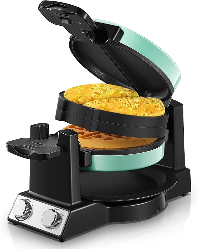 FOHERE 2-in-1 Omelette Maker&Waffle Maker, 1400W Omelet Maker 180° Flip, Adjustable Browning Control, Non-Removable & Nonstick Pans, Make Two Omelet and One Waffle at Once for Home (Mint Green)
