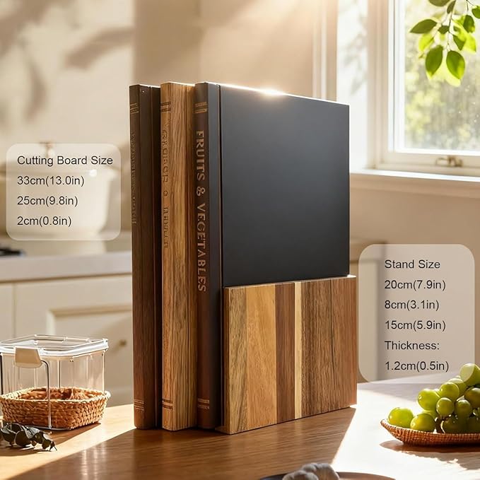 Book Bamboo Cutting Board, Acacia Wood Chopping Board set with Storage Stand, Serving Board Easy to Clean, Ideal Charcuterie Chopping for Meat, Countertop Accent
