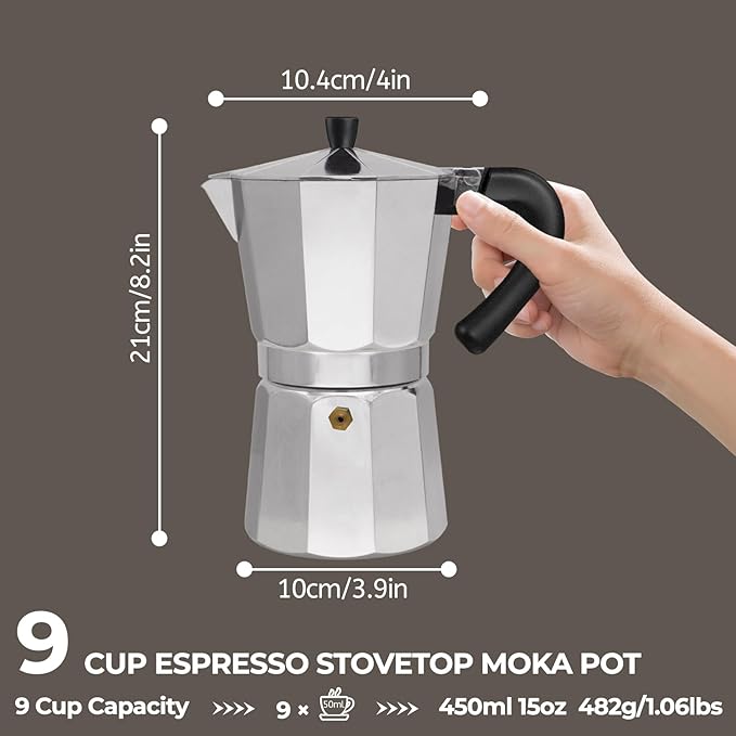Aluminum 9 Cup 450ml Moka Pot Express Coffee Maker Stovetop Espresso Percolator Coffeemaker Italian Classic Style Brewing Greca Cafe Mocha Machine for Cafeteras Lover Camping Travel and Home Use 15oz