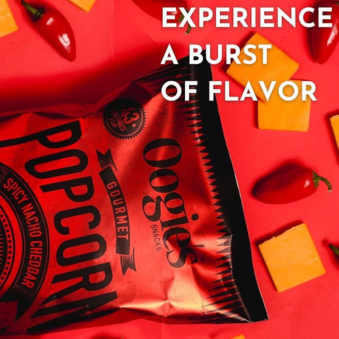 Oogie's Gourmet Popcorn | 20 Pack | Spicy Nacho Cheddar Flavor | Gluten Free Popcorn Snacks | 1oz Individual Bags