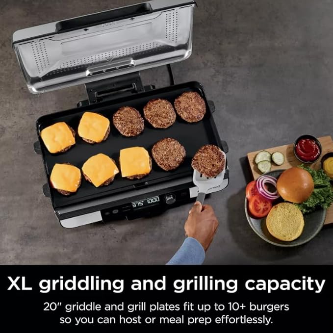 Niinnja Sizzle Pro XL 20" Indoor Griddle & Grill with Pro Temp, Detachable Ventilated Lid, Grease Control, Ceramic Nonstick Plates, Even Edge Cooking, Extra Large Capacity, Silver/Black (Model GX 101)