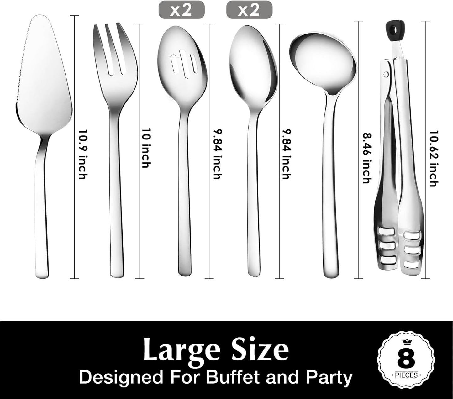 KINGSTONE Large Hostess Serving Utensils Set, 18/10 Stainless Steel Heavy Duty 10-inch Serving Utensils, Slotted Spoons, Forks, Tongs, Cake Pie Server for Buffet, Wedding, Party