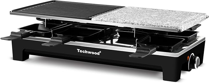 Raclette Grill, Techwood Electric Indoor Grill with 2 Reversible Non-stick Grill Griddle Plates, 1 Stone Grill Plate, 1500W Fast Heating with 8 Cheese Pans, Ideal for Parties and Family Fun, Black