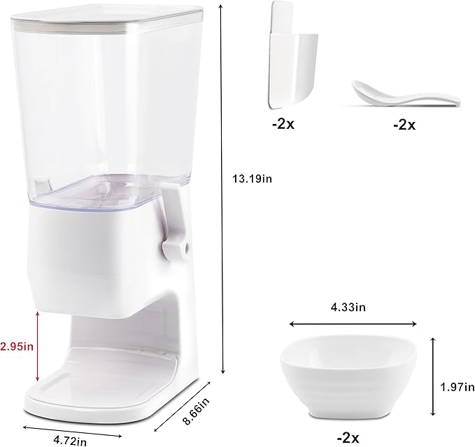 Cereal Dispenser Countertop 2Pcs, 3.2L Cereal Containers Storage Snack Dispenser with Bowls Spoons Cutlery Box, Dry Food Dispenser for Pantry, Storage Grains, Oatmeal Nut, Granola, White
