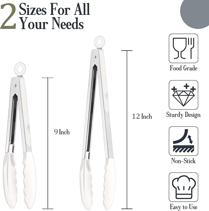 TeamFar Kitchen Tongs, 9" and 12" Stainless Steel Cooking Tongs with Silicone Tips for Cooking Grilling Serving & BBQ, Heat Resistant Silicone Tongs, Locking Design & Dishwasher Safe, Set of 2 & White