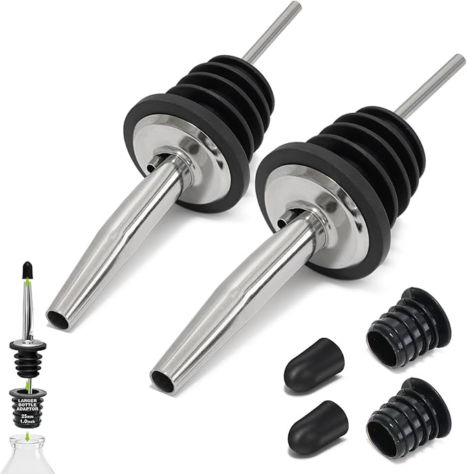 2PCS Stainless Steel Pourers, Speed Wine Bottle Pourer, Olive Oil and Vinegar Tapered Stopper Spout, Liquor Pourers with Rubber Dust Caps for Alcohol, Olive Oil,Bartender Accessories with 2 Adapters