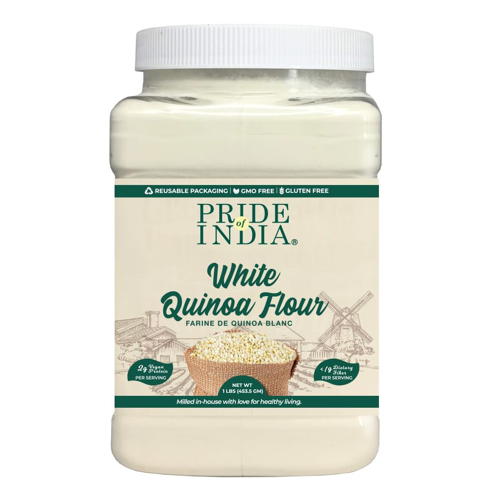 Pride of India- White Bolivian Quinoa Flour 1 lbs (454 gm) Nutty Earthy Taste Freshly Milled in Small Batches | Used for Baking Pizza Crust Thickening Agent Coating | Vegan, Gluten-Free