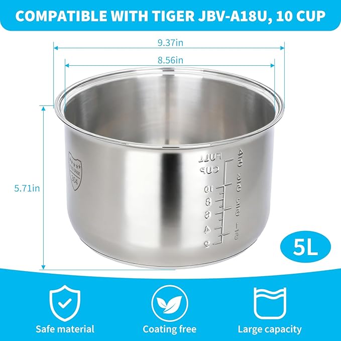 Rice Cooker 10 Cup Inner Pot Compatible with Tiger JBV-A18U Only,Non-Stick 304 Stainless Steel,Rice Cooker Rplacement Pot,Dishwasher Safe