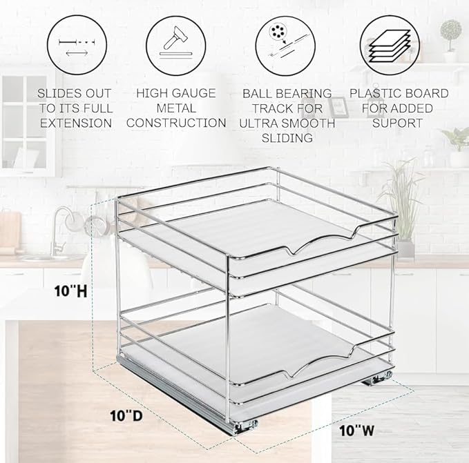 2 Tier Pull-Out Cabinet Spice Rack Organizer - Slim Slide-Out Storage for Spices, Bottles & Jars, Premium Heavy-Duty Steel, Easy Install for Narrow Kitchen Cabinets -10-1/2"Wx10-3/8"Dx8-7/8" H, Chrome