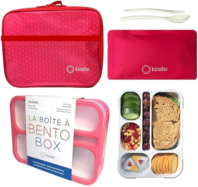 kinsho Lunch Boxes for Boys Teens Adults - Bento Box Set with Insulated Bag and Ice Pack, 6 Compartment Leak Proof Food Container, BPA-Free, Microwave Safe, Ideal for School & Work, Pink
