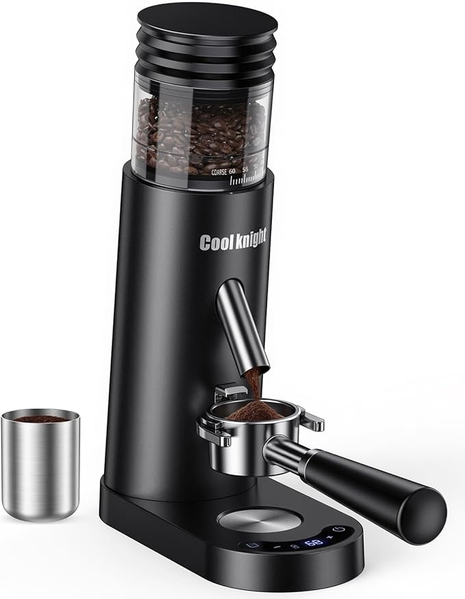 COOL KNIGHT Rechargeable Conical Burr Coffee Grinder, 60 Grind Settings & 5–98 Level Timer, Espresso Grinder with Bellows Hopper and Portafilter Holder, Easy to Clean
