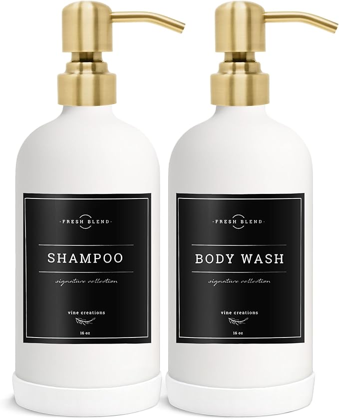 Vine Creations White Glass Soap Dispenser, 2 Pack Kitchen Soap Dispenser Set with Stainless Steel Pump, 16 oz Dish Soap and Hand Soap Dispensers for Bathroom with Waterproof Labels