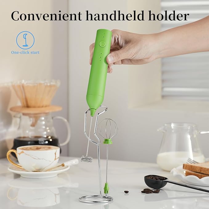 Rechargeable Milk Frother Set by ELMWAY, Electric Drink Blender with Wand and Egg Whisk, Foam Maker Mixer, Milk Frother Handled for Coffee, Latte, Matcha, Protein Powder (Green with Stand)