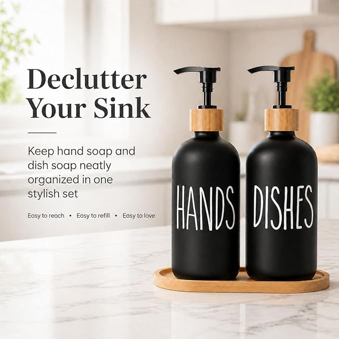 Dish Soap Dispenser for Kitchen Sink.Glass Hand Soap Dispenser, Modern Farmhouse Decor for Bathroom,Kitchen Sink Decor