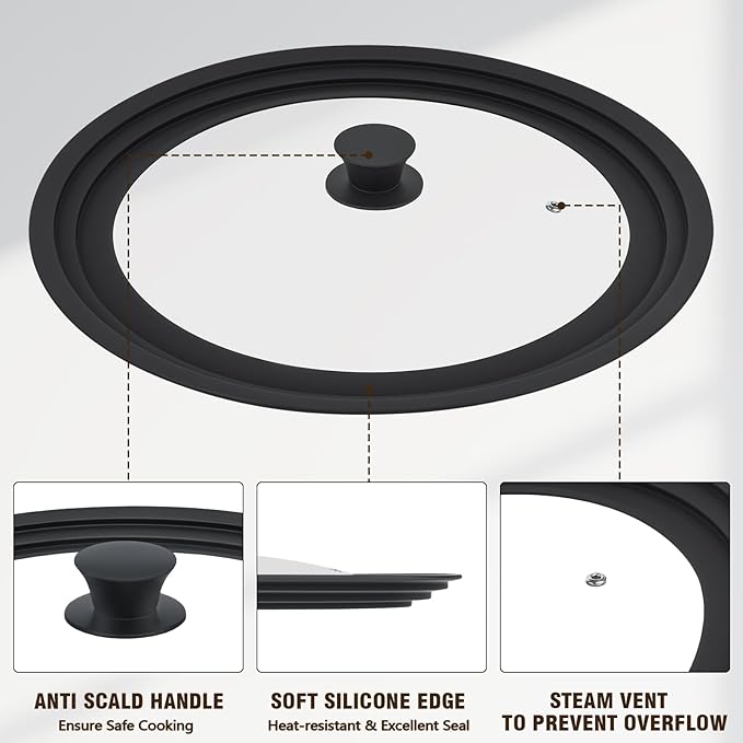 Extra Large Universal Lid Fits 13", 14", 15" Cookware - Silicone Replacement Pan Lid for Pots, Pans, and Skillets - Tempered Glass Pot Lid Cover for Frying Pans, Cast Iron, CrockPot