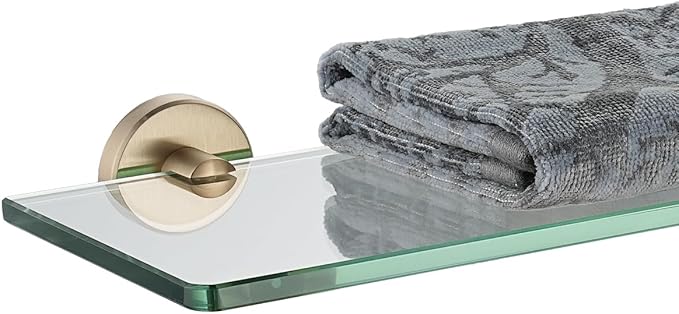 JQK Bathroom Glass Shelf, Tempered Glass Shower Storage 12 by 5 inches, 304 Stainless Steel Champagne Bronze Wall Mount, TGS101L12-CB