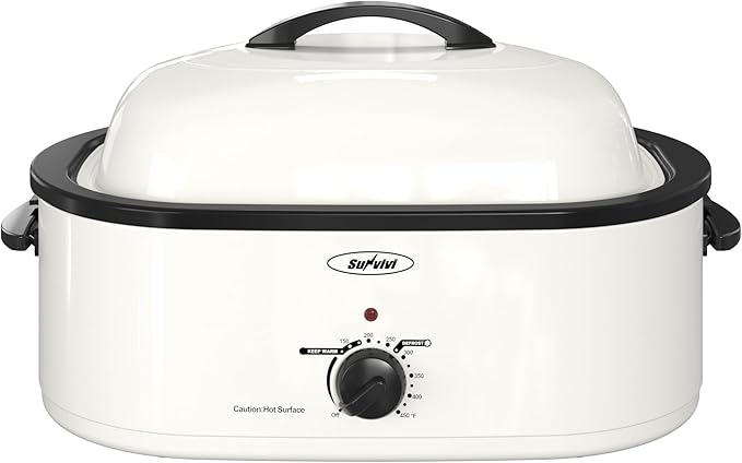 Sunvivi Roaster Oven with Self-Basting Lid,18 Quart Electric Roaster with Removable Pan & Rack,150-450°F Full-Range Temperature Control with Defrost/Warm Function,Stainless Steel,White