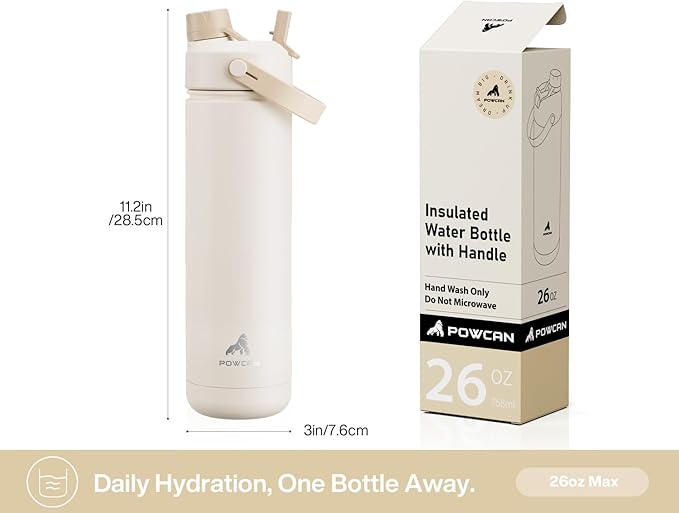 POWCAN 26 oz Insulated Water Bottle with 2-in-1 Straw and Spout Lid, Keep Cold 24H, Leak-Proof, Fits in Car Cup Holder, Stainless Steel Water Bottle for Gift, Gym, Travel and Home (Ivory Porcelain)