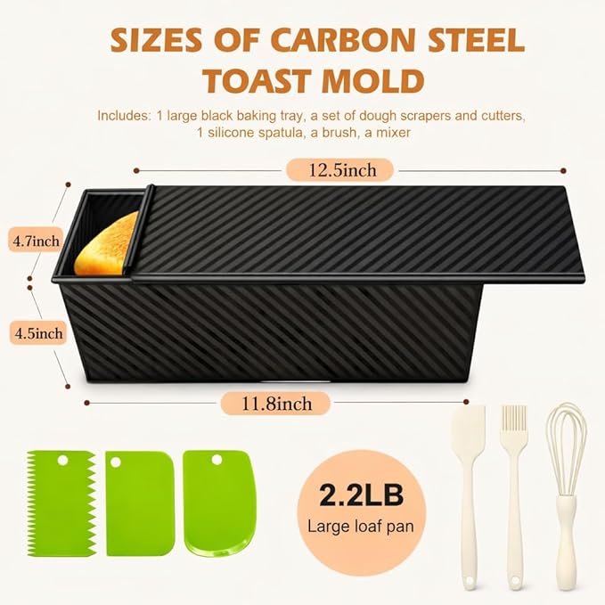 2.2lb Pullman Loaf Pan with Lid, Nonstick Carbon Steel Square Bread Pan for Baking Shokupan, Sandwich, Pain de Mie & Sourdough – Includes 6 Bonus Tools