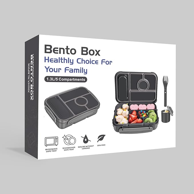Amathley Bento Box Adult Lunch Box Kids,Lunch Containers for Adults/Kids/Toddler,5 Compartments Bento Lunch Box with Sauce Vontainers,Microwave & Dishwasher & Freezer Safe,BPA-Free (Dark Gray)