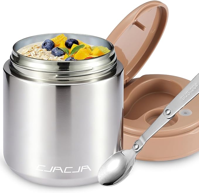 Thermo for Hot Food Kids - 15.2 Oz, Insulated Food Jar for Soup, Width Mouth Stainless Steel Insulated Lunch Container with Folding Spoon, Stainless Steel